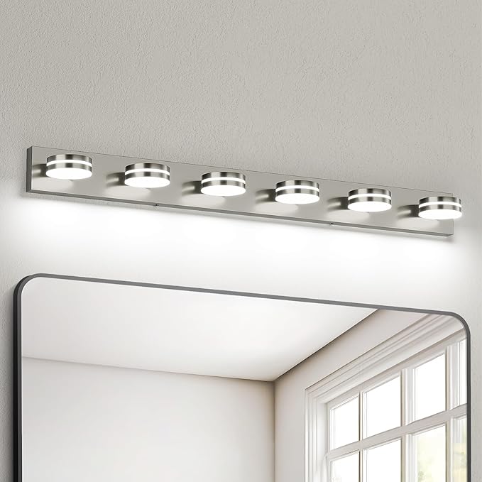 6-Light Nickel Bathroom Vanity Light Over Mirror, LED Vanity Lighting Fixtures