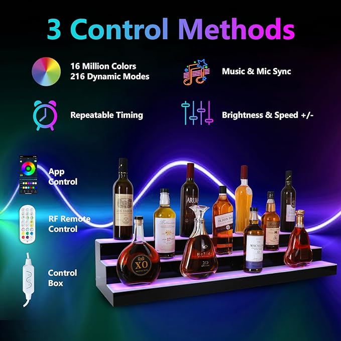 Led Lighted Liquor Bottle Display Shelf, 40 Inch 3 Tier Whiskey Rack, Support