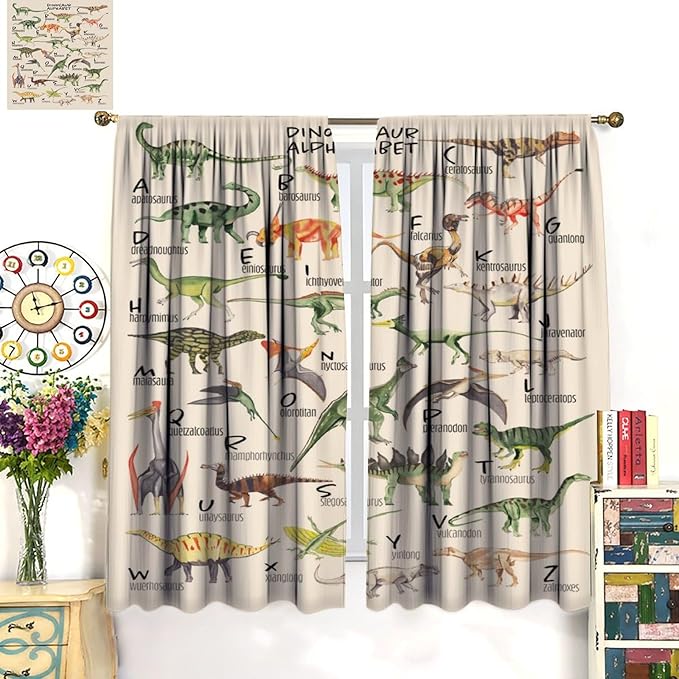 Dinosaur Curtains Cartoon Dino ABC Alphabet Pattern Educational Learning Theme Curtain with Rod Pocket for Kids Nursery Playroom Bedroom Drapes Window Treatments 2 Panels Set 52" W X 84" L