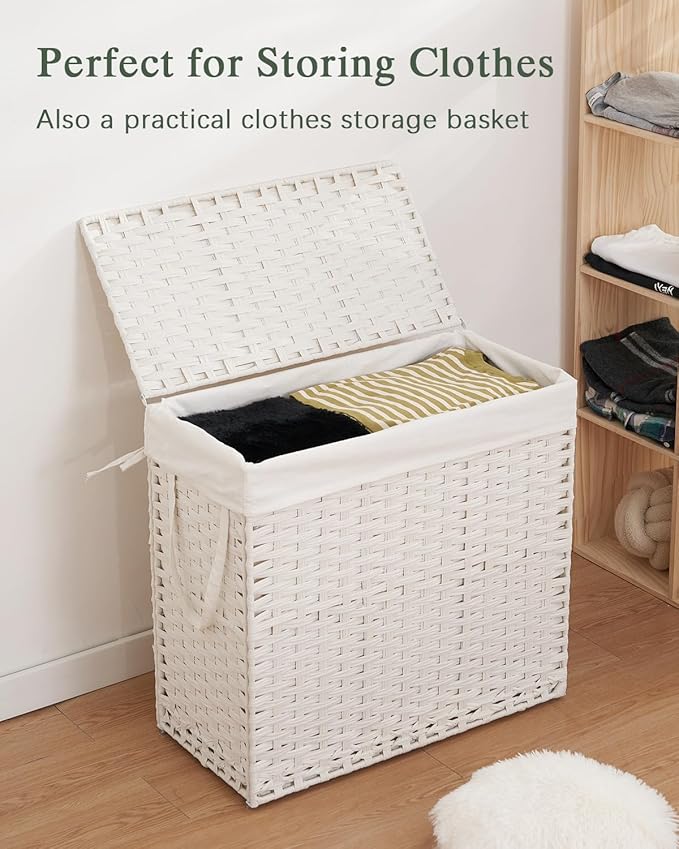 Laundry Hamper with Lid Laundry Basket 132 L (35 Gal) Wicker Clothes Hamper, Handwoven Rattan Hamper with Handles and 4 Removable Liner Bags, 6 Mesh Bags for Laundry Bedroom White