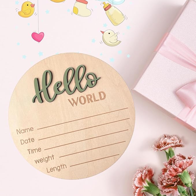 Baby Announcement Sign, 5.9 Inch Wooden Hello World Newborn Signs, Birth Announcement Sign, Baby Shower Hospital Nursery for Newborn Boys and Girls (Forest Green)