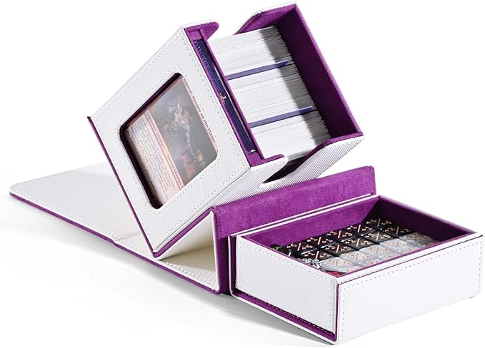 ZLCA MTG Commander Deck Box with Display Window, Card Deck Box Holds 100 Double-Sleeved Cards with Dice Tray & 35pt Magnetic Card Holder(White& Purple)