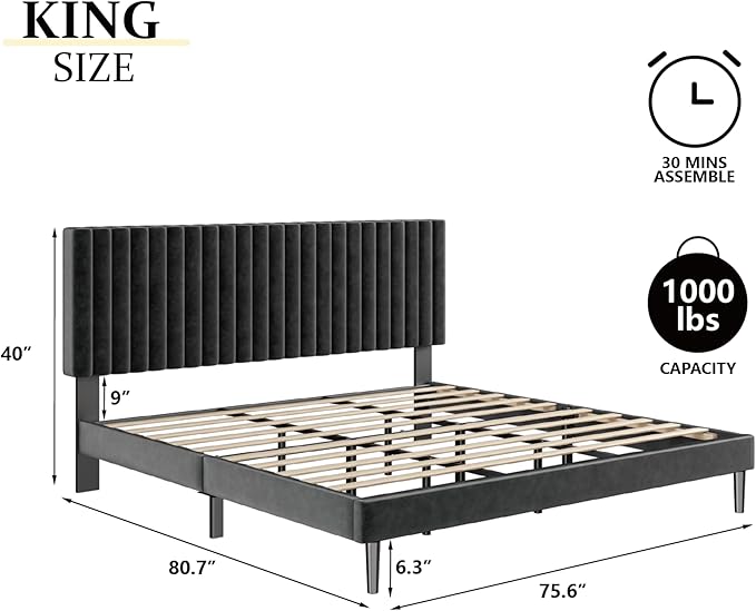 King Size Bed Frame with Velvet Upholstered Headboard, Platform Bed with Strong Wood Slats, Mattress Foundation, Box Spring Optional, Easy Assembly, Black