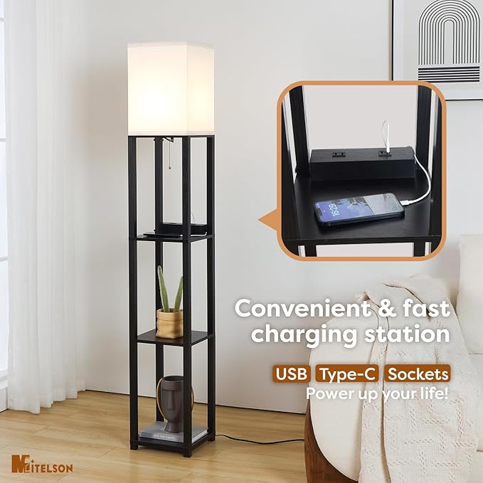 Floor Lamp with Shelves and USB, USB-C & Power Outlets, Shelf Lamp with