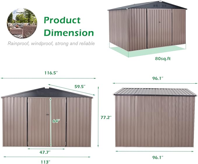 U-MAX 8' x 10' Shed Outdoor Storage Shed Clearance, Extra Large Yard Steel Metal Garden Shed with Design of Lockable Doors, Tool and Utility Storage for Backyard, Garden, Patio, Outside use in Taupe