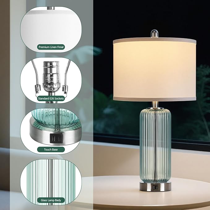 Table Lamps Set of 2 with Vertical Grained Glass, Teal Bedside Table Lamp