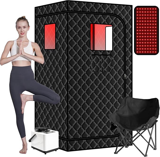 Smartmak Portable Steam Infrared Sauna with 660nm Red Light Therapy Lamp for Home Relaxation, Personal Large Full Body Sauna Spa Tent with 3.0L 1100W Steamer, Remote Control, Folding Chair Indoor Use