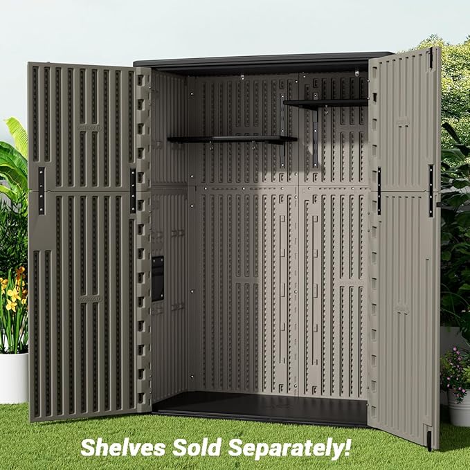 KINYING Outdoor Storage Cabinet Waterproof, 57 Cu.ft Resin Vertical Outdoor Storage Shed for Patio Furniture, Garden Tools, Pool Accessories, Mower Storage (Brown)