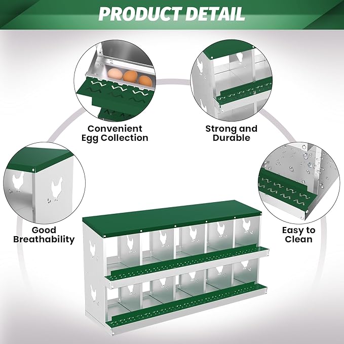 Chicken Nesting Box, Green 10 Hole Egg Laying Box, Suitable for Chickens & Ducks, Large Holes for Ventilation, Convenient for Picking up Eggs, Fully Galvanized