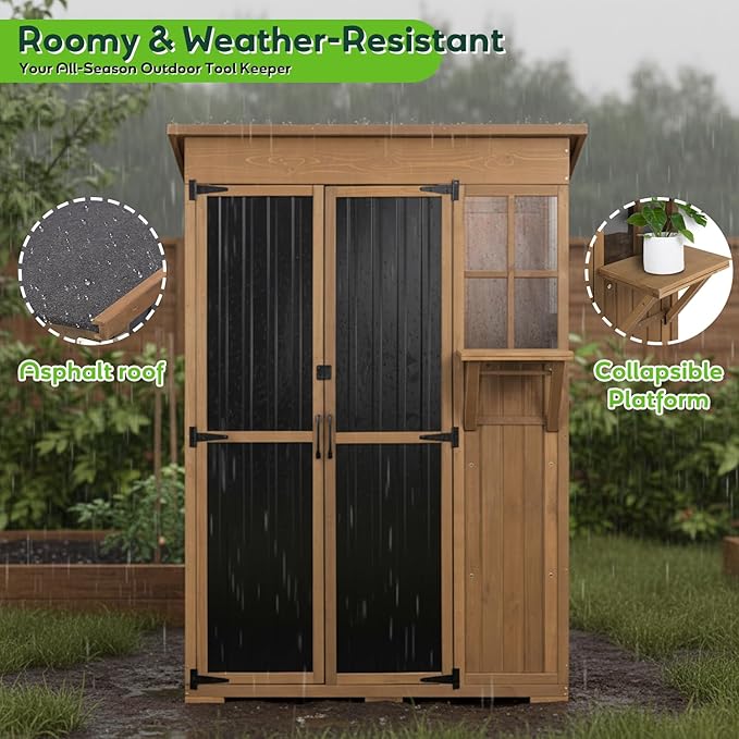 51" L Outdoor Storage Cabinet Waterproof with Shelves, Outside Storage Shed Backyard Tall Cabinet with Fold-Out Table for Patio, Garage, Garden, Pool Accessories Storage