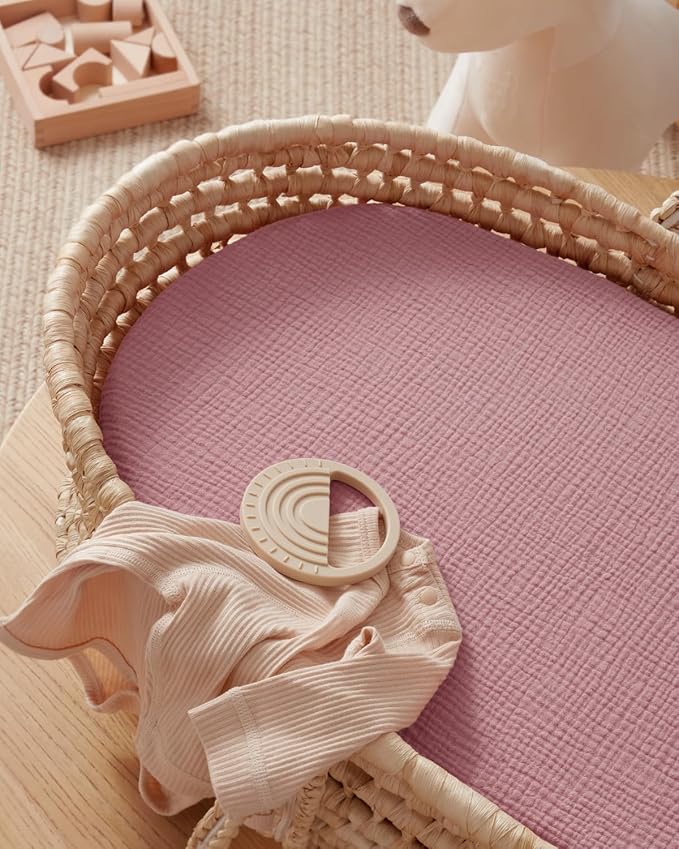 Blissful Diary Muslin Bassinet Sheets for Baby Girls Boys, Boho Soft Cotton Fitted for Oval Hourglass Rectangle Mattress, 2 Pack(Sunshine&Blush Pink)