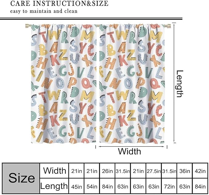 Kids Alphabet Letter Curtains Cute Funny Education Printed Curtain with Rod Pocket for Bedroom Living Room Home Decor Drapes Window Treatments 2 Panels Set 55" W X 63" L