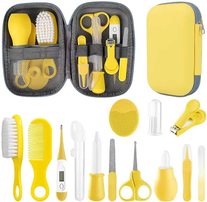 Baby Grooming Kit, Infant Safety Care Set with Hair Brush Comb Nail Clipper Nasal Aspirator,Baby Essentials Kit for Newborn Girls Boys (Yellow)