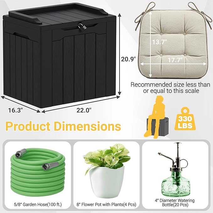 Greesum 31 Gallon Resin Deck Box Large Outdoor Storage for Patio Furniture, Garden Tools, Pool Supplies, Weatherproof and UV Resistant, Lockable, Dark Black