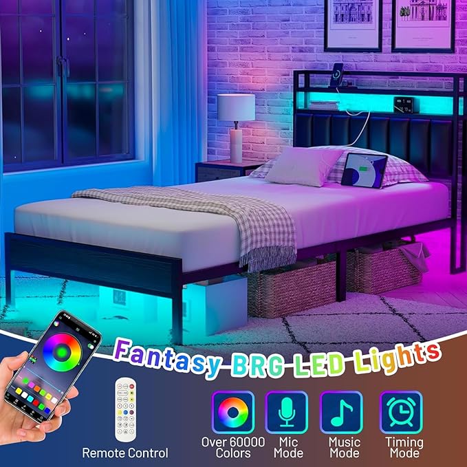 Twin Bed Frame with Headboard,Classic Metal Platform Bed Frame-LED Bed Frame with USB Charging Station,Mattress Foundatione-Under Bed Storage,No Box Spring Needed,Noise Free