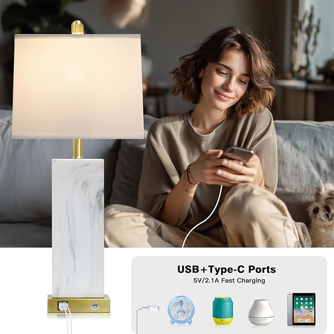 28.5" White Ceramic Lamps Set of 2, 3-Way Touch Control Bedside Table Lamp