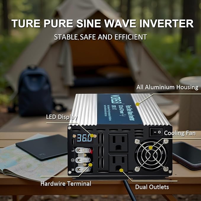 WZRELB 2500W Pure Sine Wave Inverter, Car Power Inverter 36V DC to 110V 120V AC Converter for RV, Truck, Solar, Outdoor with Dual AC Outlets, Hardwire Port, Surge 5000W, LED Display,Off-Grid