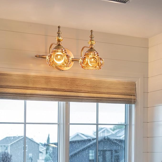 Vintage 2-Light Bathroom Lighting Amber Rose Vanity Light Fixtures Wall Sconce