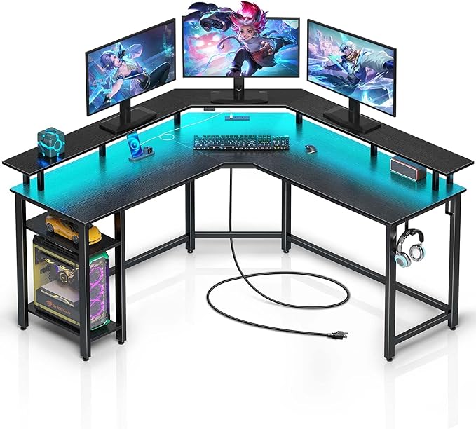 Rolanstar L Shaped Gaming Desk with LED Lights & Power Outlets, 53" Computer Desk with Full Monitor Stand & Storage Shelf, Corner Desk with Hooks, Black Desk Reversible
