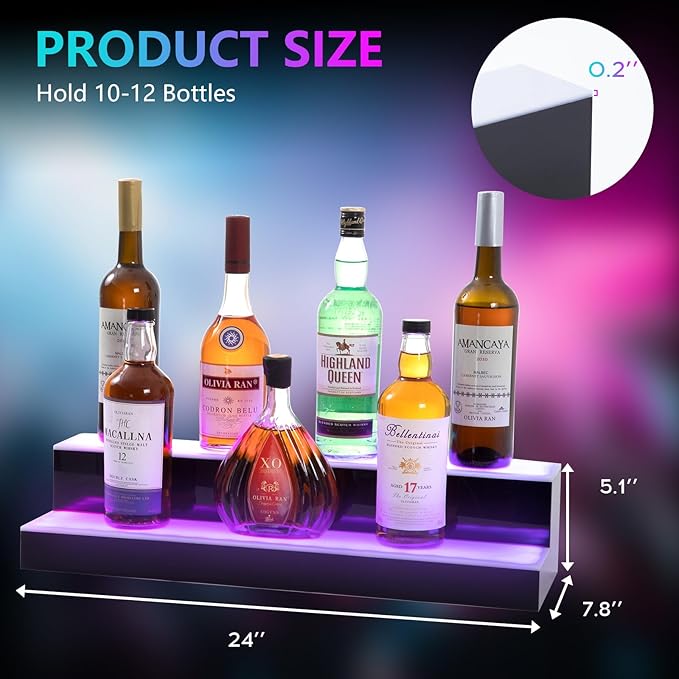 Led Lighted Liquor Bottle Display Shelf, 24 Inch 2 Tier Whiskey Rack, Support