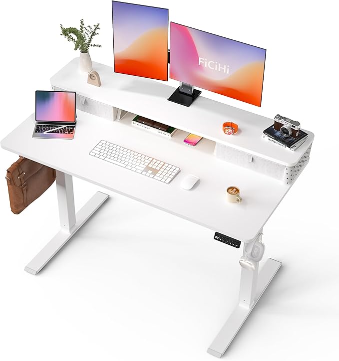 48x24 Inch Standing Desk with Double Drawers, C-Clamp Mount Compatible, Electric Adjustable Height Computer Stand Up Desks, Home Office Sit Stand Table with 3 Preset Heights & 2 Hooks, White