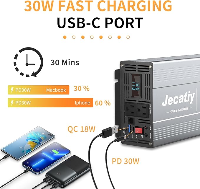 2000 Watt Pure Sine Wave Power Inverter DC 12V to 110V/120V AC Converter with 2 AC,18W USB, and 30W Type-C Charging Ports, Car Solar Power Inverters with LCD Display for Home RV Truck