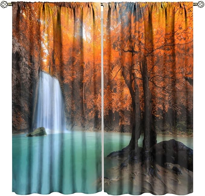 Forest Waterfall Blackout Curtains, Fall Leaves Trees Jungle Autumn Stream Country Nature Landscape Scenery Window Drapes, for Bedroom Living Room 42" W X 54" L