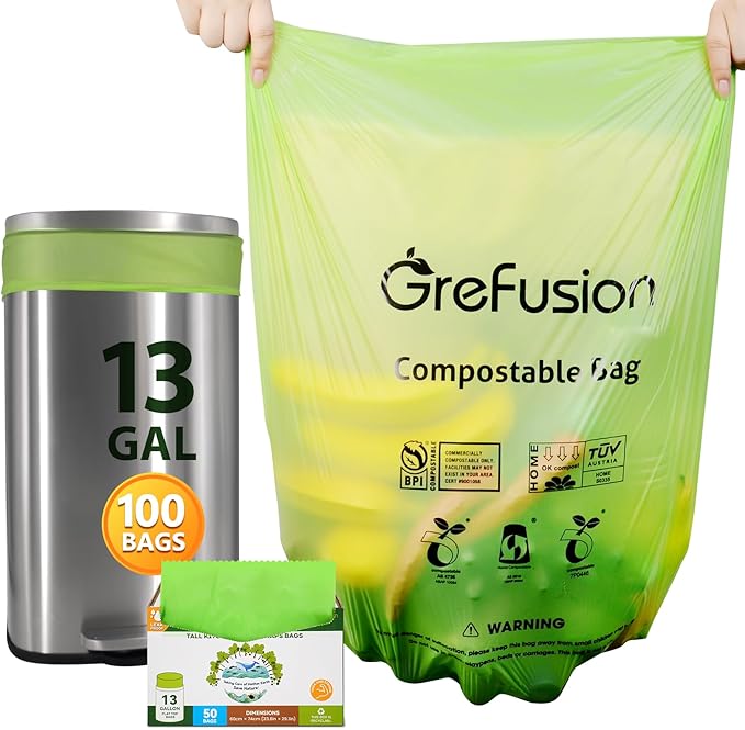 Compostable Bags,Trash bags 13+ gallon tall kitchen, Compostable Trash Lawn & Leaf Yard Waste Bags,Kitchen Compost Trash Bin Compatible,Extra Thick1.01 Mills,Certified by BPI and OK Compost