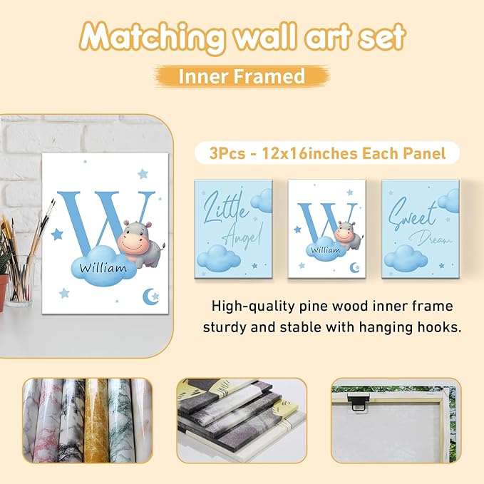 Custom Crib Bedding Set, 5 Pcs Personalized Name Baby Crib Sets for Newborns Infants Toddlers, Blue Hippo Nursery Bedding Set for Boys Girls, Double Layer Baby Bedding Sets Customized Gifts