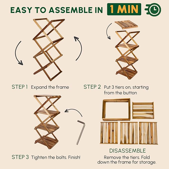 BEEFURNI Acacia Plant Stand Indoor Corner, Wooden Outdoor 4 Tier Corner Planter Stand, Foldable Shelf Display, Tall Plant Bench for Succulent, Easy Assembly, Window Decor, 1-year Manufacturer Warranty