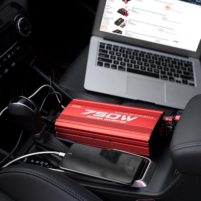POTEK 750W Power Inverter DC 12V to AC 115V Car Converter with 2A USB Charging Port