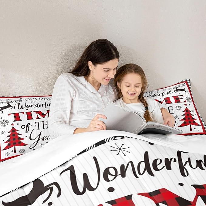 Merry Christmas Kids Comforter Set Twin Size,Snowflake Deer Pine Trees Romantic Bedding,Girls Boys Adults Bedroom/Xmas Cabin Decor,Grids Stylish Down Comforter,Rustic Duvet Insert,1 Pillowcase