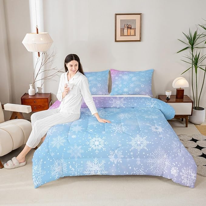 Feelyou Christmas Comforter Set All Season Winter Snowflake Bedding Set with 2 Pillow Cases Blue Purple Gradient Microfiber Kids Full Bedclothes Bedroom Decor Duvet Quilt Breathable Soft Lightweight