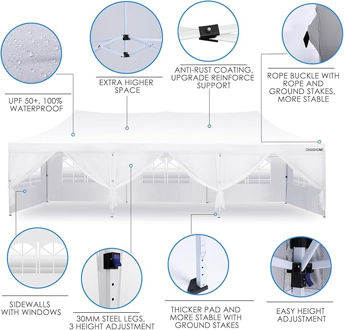 OASISHOME 10'x30' Pop-Up Canopy Tent with 8 Removable Sidewalls,Carry Bag,Waterproof Commercial Gazebo for Weddings/Outdoor Events – Heavy-Duty Frame, Raised Top Cover(White, 10x30(Higher top))