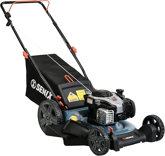SENIX LSPG-M7 21'' Gas Push Lawn Mower, with 140 cc 4-Cycle Briggs & Stratton Engine, 3-in-1 Bagging, Mulching, and Side Discharge, 6-Position Dual Lever Height Adjustment, 16 Gallon Grass Bag