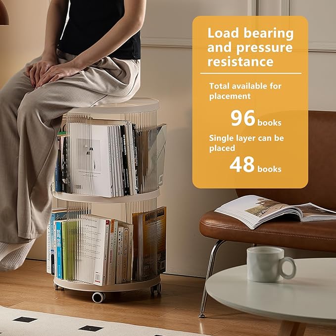 Rotating Bookshelf, 360°Display Spinning Bookshelf, 2 Tiers Moveable White Small Mobile Corner Bookcase Suitable for Bedrooms, Living Looms, Offices, and Study Rooms