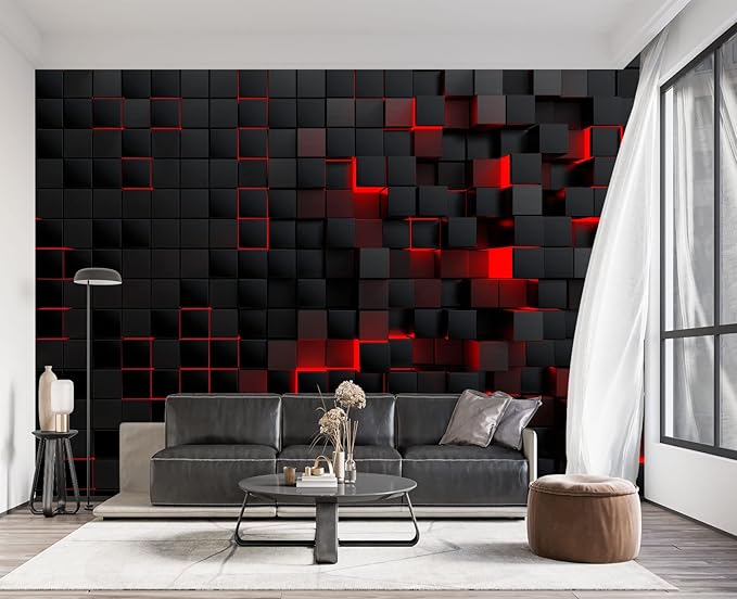 Tech Red Blocks Wall Mural Wallpaper for Bedroom 137" x 100"