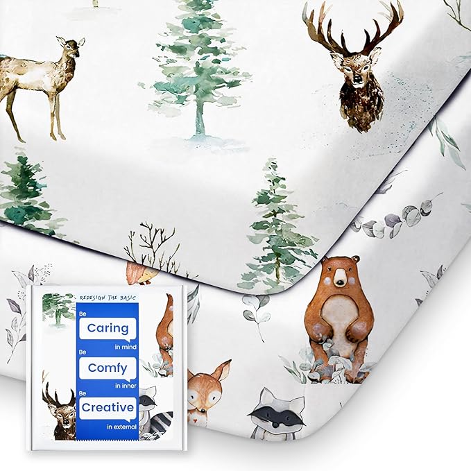 Pack N Play Sheets Fitted, TotBasic Ultra Soft Animal Mini Crib Sheets, Premium Jersey Knit Pack and Play Sheets Neutral, Stretchy Play Yard Sheets for Pack and Play Mattress, 2 Pack (Bear and Dear)