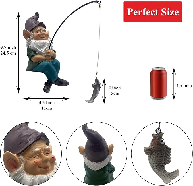 Garden Gnomes Outdoor Statue, Gnome Decorations for Yard 9.7'' Fishing Gnome Statue Outdoor Garden Decor, Fishing Guy for Waterfalls or Koi Pond Decor, Gifts for Women, Mom or Birthdays