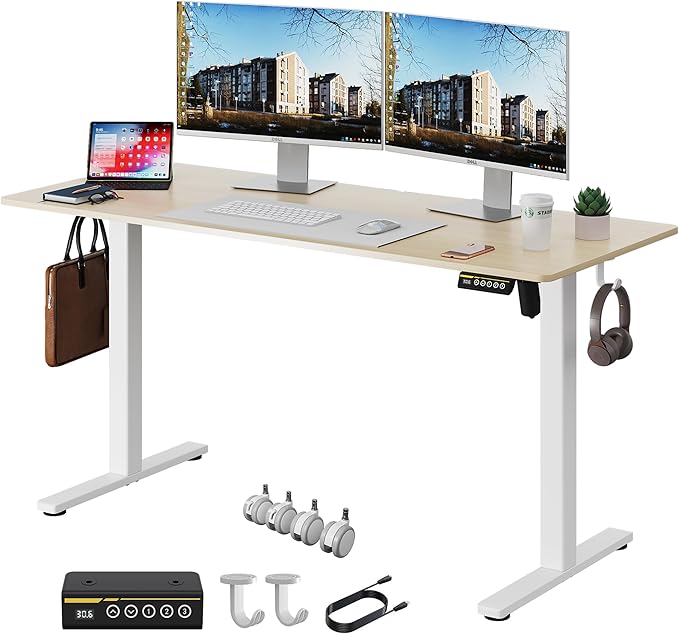 Electric Standing Desk Adjustable Height 55"x24" Stand Up Desk with Lockable Wheels Ergonomic Sit Stand Desk for for Work Office Home Computer Workstation (Wood)