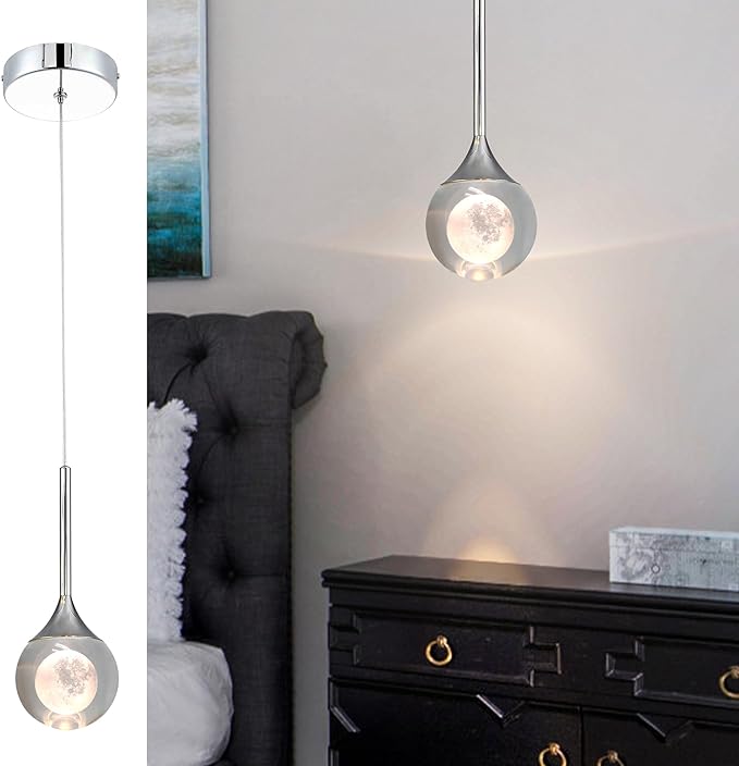 Modern Crystal Moon Pendant Light, Chrome Dimmable Natural White LED Hanging