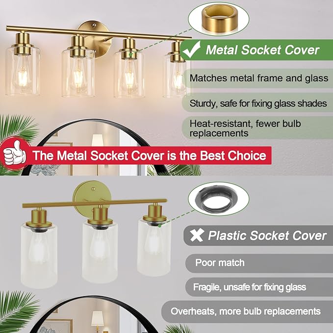 4-Light Bathroom Light Fixtures, Brushed Gold Modern Vanity Lights Over Mirror
