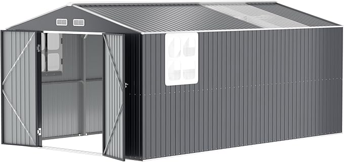 Metal Shed 10x16 FT Large with Customizable Skylight, Reinforced Steel Frame, Heavy-Duty Galvanized Steel Big Garden Sheds with Lockable Doors,4 Pane Windows, Large Utility Tool Sheds