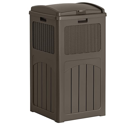 Flamaker 30 Gallon Trash Can, Resin Outdoor Garbage Can with Lid, Waterproof Hideaway Patio Waste Bins for Outside Use (Deep Brown)