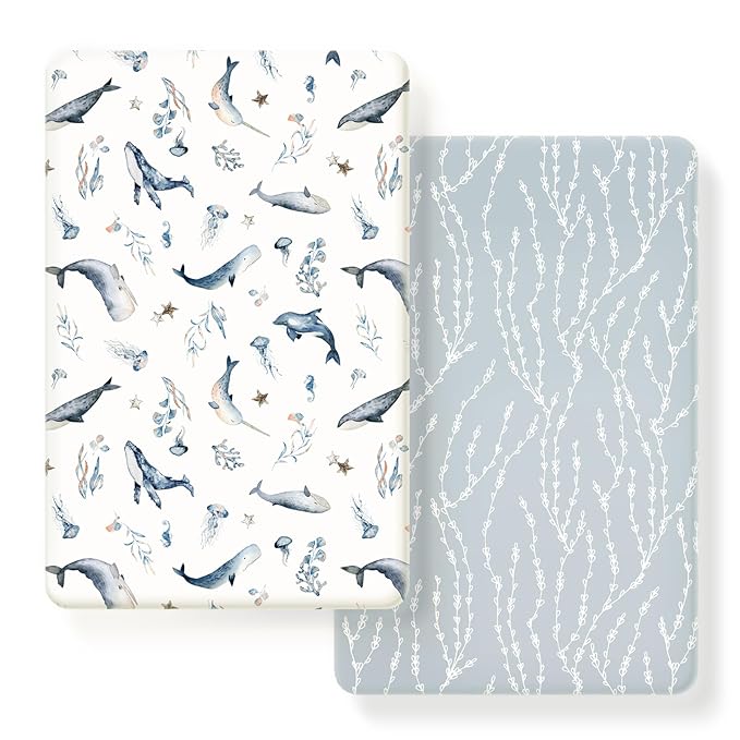 Stretchy Ultra Soft Jersey Knit Fitted Pack n Play Sheets Set 2 Pack, Portable/Mini Crib Sheets for Girls, Universal Fit for Pack N Plays Safe and Snug, Cute Sea Fish Print