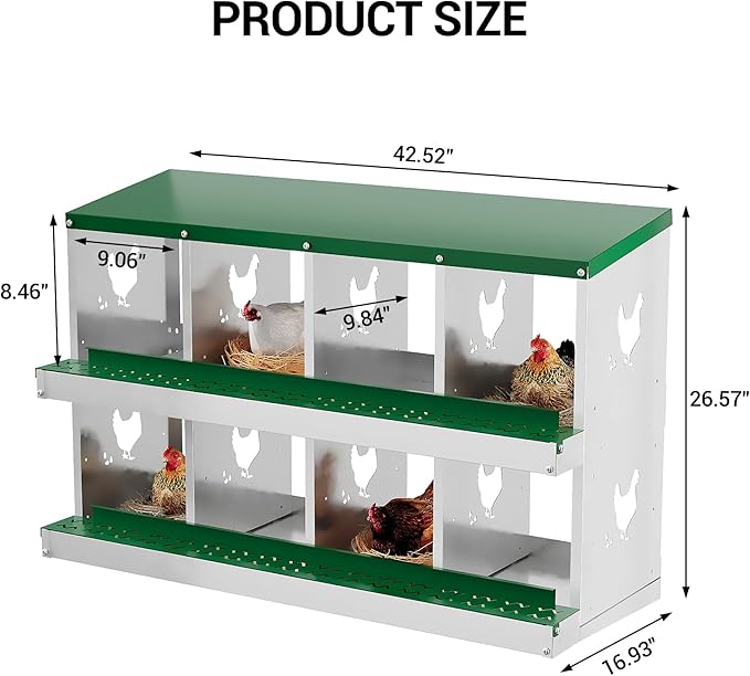 Heavy Duty Galvanized Metal Chicken Nesting Box - Rustproof Egg Laying Box for Hens with Slanted Roof, Rollout Design - Wall Mount or Freestanding Poultry Nest for Chicken Coop (8-Hole)