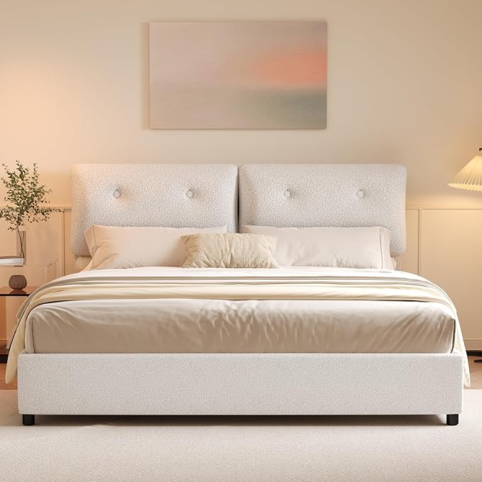 King Bed Frames,Breathable Boucle Fabric Upholstered Bed Frame with Headboard,Removable and Washable,Wood Slat Support,No Box Spring Needed,Easy Assembly,White