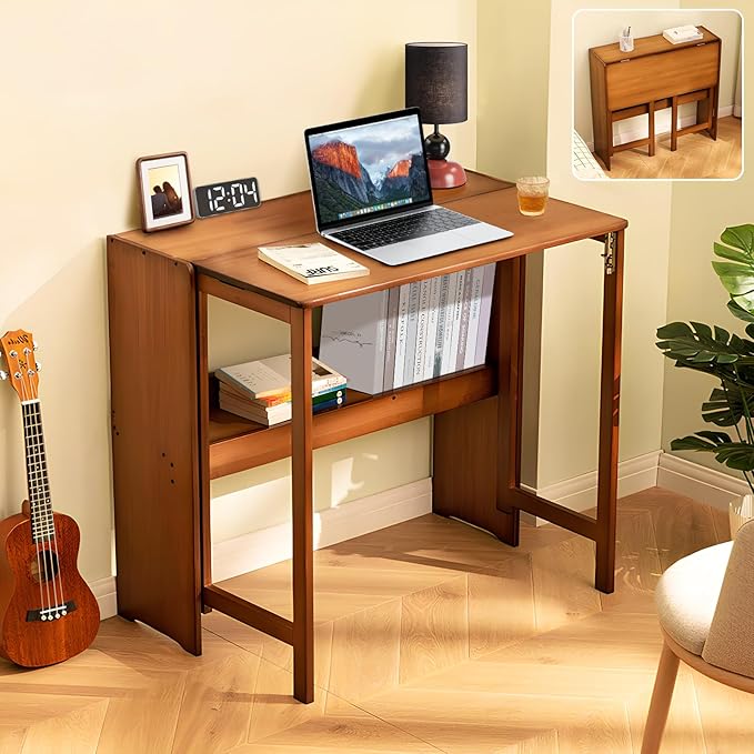 31.5" Bamboo Folding Desk,Space-Saving Computer Desk for Small Spaces, Foldable Study Table for Bedroom, Home Office, Dorm, Apartment（Brown