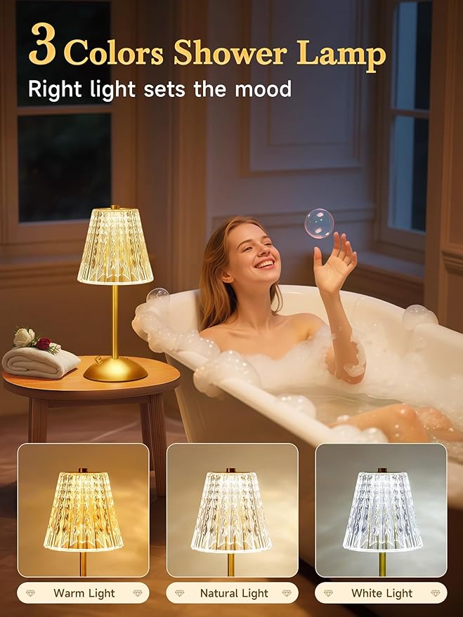 Cordless Lamp, Crystal+Dimmable+3 Colors Rechargeable Lamp, Touch+2000mAh