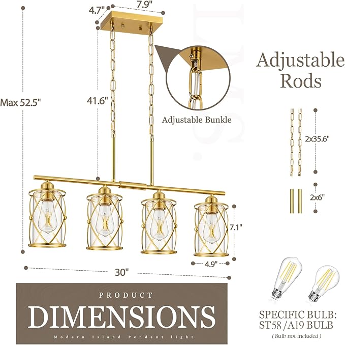 4-Light Kitchen Island Lighting, Modern Brushed Gold Dining Room Light Fixtures